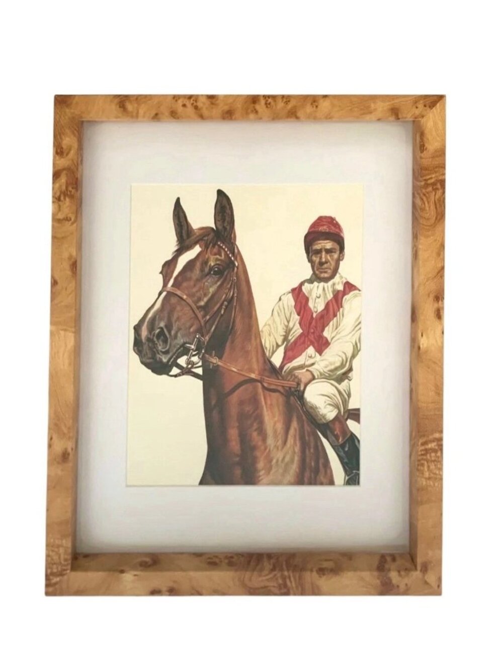 Jockey and Horse Print in Faux Burlwood Frame Vintage Equestrian Decor